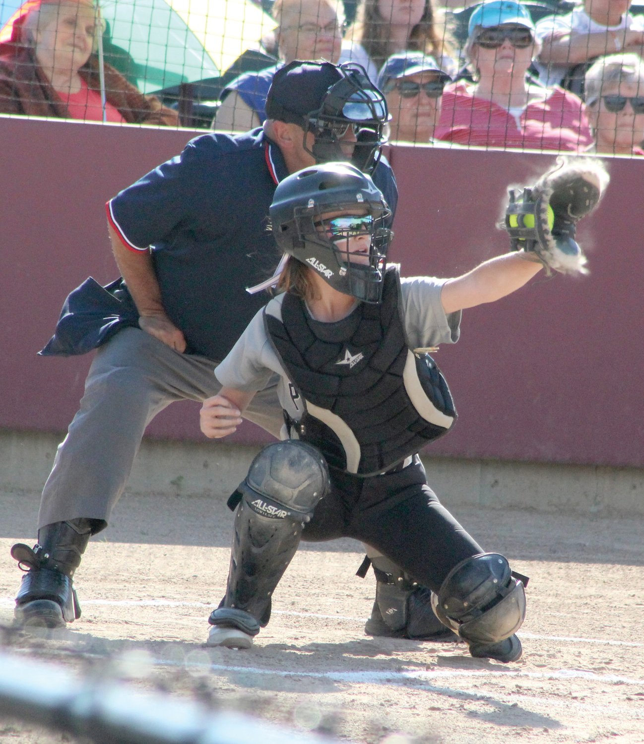 BEHIND THE PLATE: Pilgrim catcher Genna Damato backed starting pitcher Alyssa Twomey up behind the plate. (Beacon photo by Ryan D. Murray)